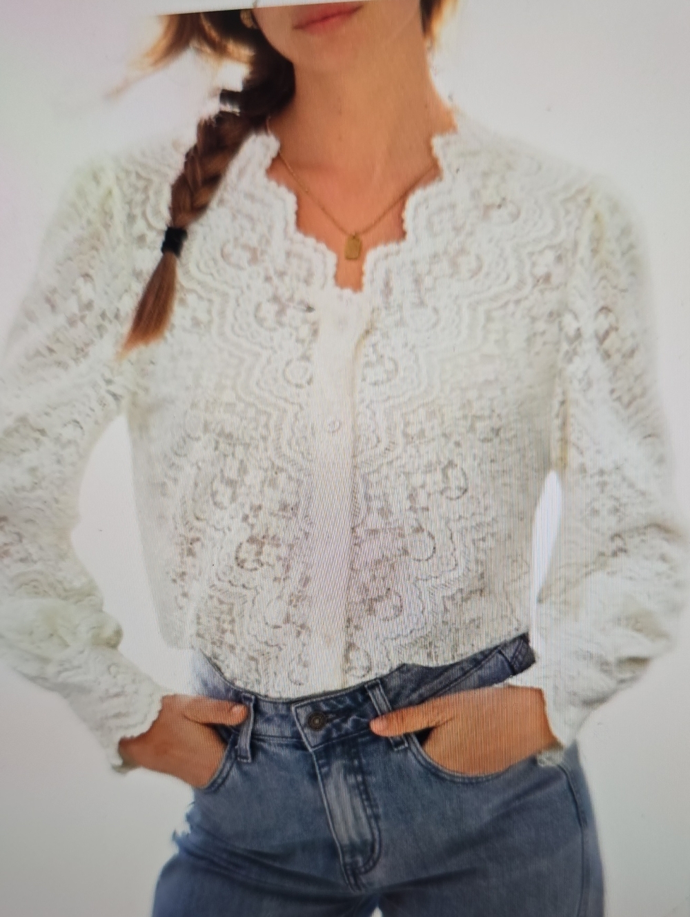 Luxveer Scalloped Lace Knit White Women's Button-Front Cardigan S NWT!